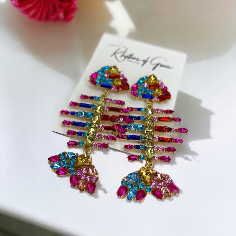 Bright Rainbow Rhinestone Earrings – Fishbone Dangles, Trendy Statement Jewelry - Picture 2 of 5